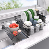 Runnatal over-sink drying rack expanded to fit larger cookware, keeping counters clear