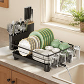 Runnatal dish rack with drainboard protects countertops from water.
