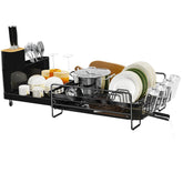 Runnatal large dish drying rack with drainboard keeping water off the counter while air drying.