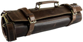 Rustic Town leather knife roll closed, showing 11-slot capacity for organized travel