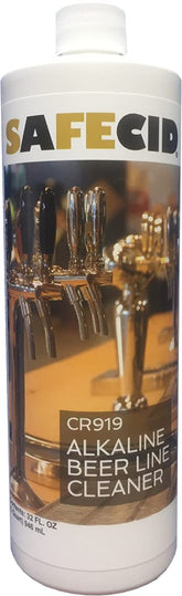 Safecid alkaline beer line cleaner bottle (32 oz) for clean draft systems.