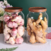 SAIOOL 1 gallon glass jar with acacia lid for airtight pantry storage.