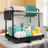 Sakugi 2-tier dish drying rack shown full on for organized counter drying
