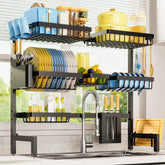 Sakugi over-sink dish drying rack with four baskets keeps counters organized.