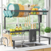 Sakugi over-the-sink rack shows easy assembly and direct drainage into the sink