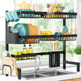 Sakugi over-the-sink dish rack installed for organized counter space and drainage.