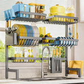Sakugi over-the-sink drying rack in gray keeps dishes organized and dry.