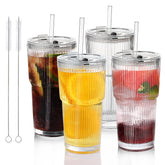 Salpae 18oz glass tumbler with straw and lid, perfect for iced coffee on the go.