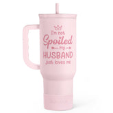 SANDJEST 40oz tumbler with handle and straw close-up for easy portability.