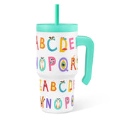 SANDJEST Alphabet Tumbler with monster design for kids, keeps drinks appealing on the go