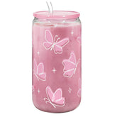 SANDJEST Butterfly 16oz glass tumbler with acrylic lid and straw for iced coffee