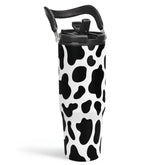 SANDJEST cow print 30oz tumbler with handle for secure, comfortable on-the-go hydration.
