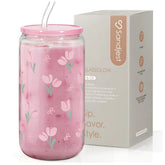 SANDJEST floral glass can with tulip-iced-coffee styling for stylish beverages.