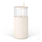 SANDJEST Glass Tumbler with Straw and Lid in cream for spill-free sipping
