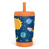 SANDJEST kid insulated tumbler with outer space pattern keeps drinks cold during play.