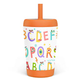 SANDJEST alphabet-pattern kid tumbler keeps drinks cold during playtime.