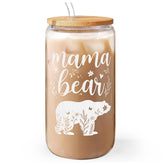 SANDJEST Mama Bear 16oz glass tumbler with bamboo lid and straw for iced coffee on the go.