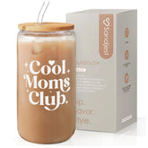 Sandjest Mom Glass Can with lid and straw for easy, spill-free on-the-go sipping.