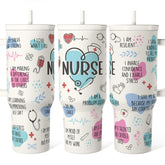 SANDJEST Nurse Tumbler 40oz with handle, ideal for on-the-go hydration.