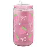 SANDJEST Strawberry 16oz glass tumbler with acrylic lid for iced beverages on the go