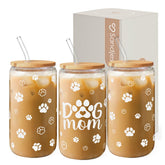 SANDJEST Dog Mom Cup 16oz glass for iced coffee, stylish and reusable.