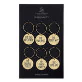 Santa Barbara Design Studio zinc wine charms on a glass for easy identification and conversation.