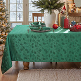 SASTYBALE Christmas tablecloth with holly leaves jacquard pattern on green; festive look and easy care.