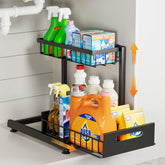 Saydear under sink organizer with two-tier pull-out for easy cabinet access.
