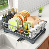 SAYZH dish drying rack on counter keeps dishes organized after meals.