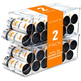 SCAVATA skinny can organizer front view showing organized fridge storage with 12 cans.