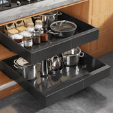 Seinloes expandable pull-out cabinet organizer with 21-inch depth for easy reach.