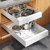 Seinloes expandable pull-out cabinet organizer demonstrating deep storage capacity.