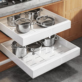 Seinloes expandable pull-out cabinet organizer with 21-inch depth for easy reach.