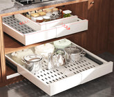 Seinloes pull-out cabinet organizer extended width showing space-saving setup