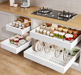Seinloes pullout cabinet organizer enables easier access to back-of-cabinet items.