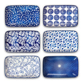 Selamica blue rectangular plate close-up highlighting the intricate pattern for appetizers.