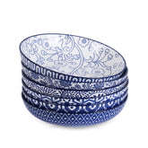 Selamica porcelain 26oz bowls front view with vintage blue pattern, ideal for pasta.