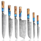 Senken Tsunami 7-piece Damascus set front view highlights premium craftsmanship for everyday slicing.