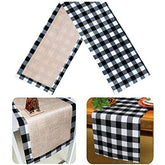 Senneny Christmas table runner in burlap and plaid brightens holiday tables.