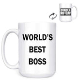 senooe Dunder Mifflin Worlds Best Boss mug front view, ideal for daily office coffee moments.