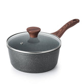Sensarte nonstick saucepan with lid, glass lid view highlights easy release and simple cleaning.