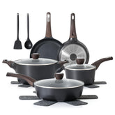 Sensarte pots and pans set on induction stove showing even heat distribution.