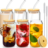 SENTVEND 16oz glass cups with bamboo lids for iced coffee and cocktails.