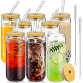 SENTVEND 20oz glass cups with bamboo lids for iced drinks.
