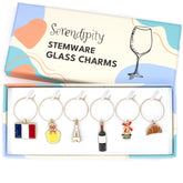 Serendipity France wine glass charms featuring the Eiffel Tower for quick glass identification at gatherings.