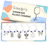 Serendipity wine glass charms featuring menorah, dreidel, and Star of David for easy glass identification