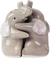 Servette Home hugging elephants salt and pepper shakers on a kitchen counter for daily use.