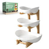 Seven Sparta three-tier fruit bowl on bamboo stand on kitchen counter showcasing fresh fruit