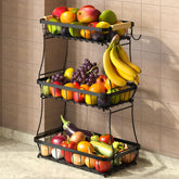 Sevenblue 3-tier fruit basket on counter promotes air circulation for fresh fruit.