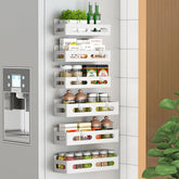 Sevenblue fridge-mounted magnetic spice rack keeps jars organized and within reach.